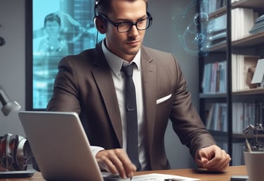 A sleek, modern workspace with a laptop displaying the liquidsmarts AI learning platform interface in smart black and liquid blue colors.