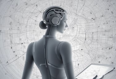 An abstract graphic showing the fusion of human wisdom and AI technology with flowing liquid blue lines against a smart black background.