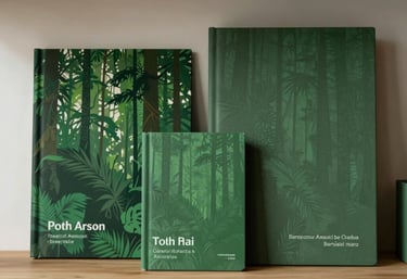 Minimalist South American / Brazilian design studio setting with forest green branding materials displayed on a clean wooden shelf.