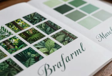 Atmospheric close-up of a designer's desk in Brazil with forest green color samples and elegant typography sketches, natural lighting.
