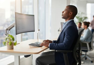 Person performing chin tuck exercise to practice better neck posture at a desk.