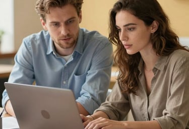 Dwie osoby - kobieta i mężczyzna pracują przy laptopie w biurze