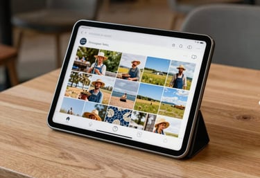 A tablet displaying a beautifully curated Instagram feed of a local farmer, placed on a light wood coffee table in a modern Scandinavian cafe.