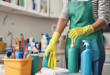 A bright, cheerful team of two women in cleaning uniforms smiling while holding cleaning supplies in a sunlit apartment.
