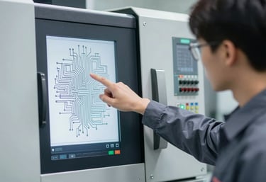 A technician pointing at a CNC circuit diagram next to the machine's electrical panel, educational and clear composition, reflecting reliable industrial training with #455A64 accents.