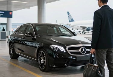 Sleek black luxury sedan parked curbside ready for airport pickup.