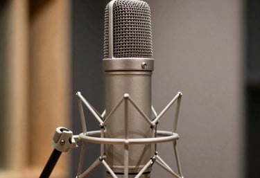 Close-up of a microphone with urban graffiti blurred in the background.