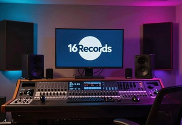 Black and white photo of a city skyline at night with subtle music notes overlay.