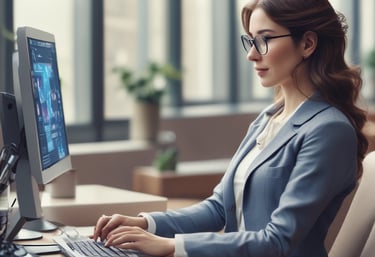 A focused woman working on a laptop with futuristic holographic interface elements.