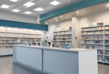 A confident pharmacist consulting with a small community pharmacy team in a bright modern space.