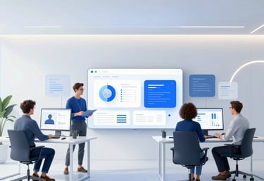 A sleek workspace with a laptop showing a modern website design in progress, bathed in soft blue light.