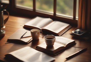 A group of people studying the Bible together in a warm, inviting room.
