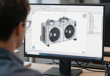 A professional reviewing detailed MEP drawings on a computer screen in a bright office.