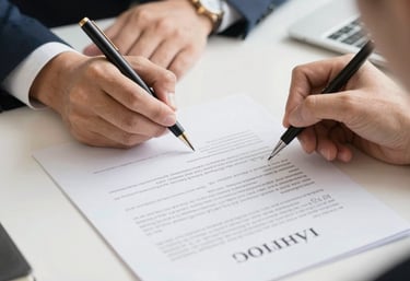 A professional lawyer reviewing detailed business contracts in a modern office.