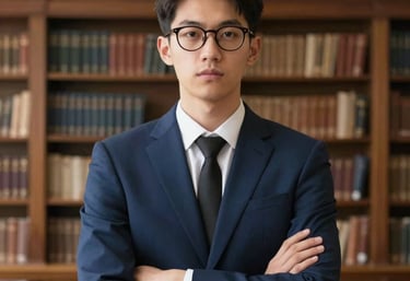 Professional corporate portrait of a confident business lawyer in a modern office setting.