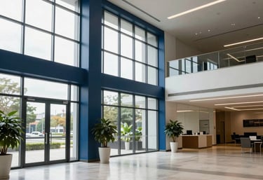 Wide shot of a perfectly cleaned, modern corporate lobby with large floor-to-ceiling windows and navy blue design elements, inviting and professional.