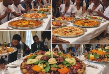 A vibrant spread of traditional African dishes beautifully arranged for a wedding reception.