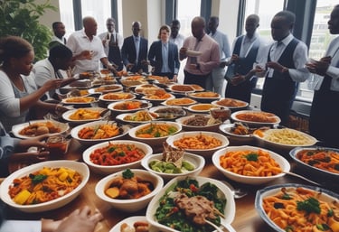 A chef serving flavorful African cuisine at an office event, with colorful decorations in the background.