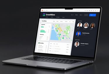 A sleek, modern laptop displaying the GrowthBara SaaS dashboard with analytics, maps, and creator profiles in a high-contrast dark theme.