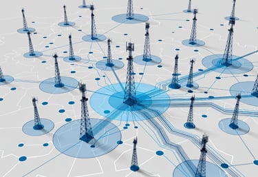 A detailed network map overlay showing mobile towers and coverage areas.