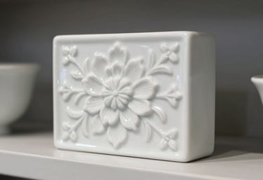 A close-up of a white glazed ceramic roster block with a floral pattern, displayed on a clean light gray shelf. Bright, clean, minimalist lighting.