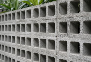 A row of gray cement roster blocks installed in a modern garden wall in Southeast Asia, with green tropical leaves peeking through the holes. Soft daylight.