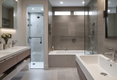 Modern bathroom with clean lines, neutral tones, and elegant fixtures.