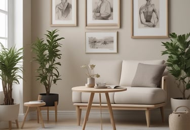 Cozy living room corner featuring colorful framed motivational art and festive holiday pillows from Aunties ArtHouse.