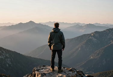 A man standing on a rocky outcrop overlooking a vast, misty mountain range at dawn. He is wearing high-end outdoor gear. Bold, minimalist composition. North American.