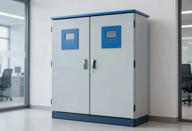 A sleek, newly installed electrical compensation panel inside a clean, modern corporate building in a Turkish / Anatolian city. The composition is professional and clean, using the brand's sky blue and pale grey tones.