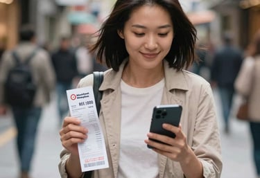 Jeune femme vérifiant le statut de son envoi d'argent sur son téléphone dans la rue en marchant