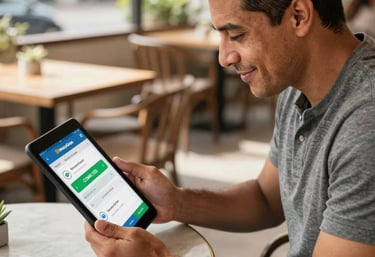 Jeune homme consultant l'état de son envoi d'argent sur sa tablette