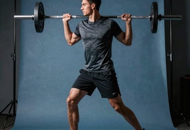 Dynamic sports photography of a professional workout in a private studio. Low-key lighting creates high contrast on a steel blue backdrop. High-end equipment, professional athlete, North American / Canadian style.