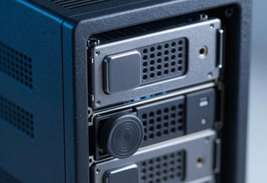 Clean and professional macro shot of a modern computer server indicating high technology and efficiency, dark blue and grey tones, sharp focus.