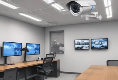 A team of IT professionals installing CCTV in a modern office.
