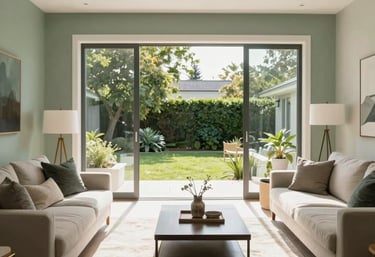 Interior of a modern, sunlight-filled living room in a North American home. The space is clean and minimalist with sage green accents, overlooking a green garden through large glass windows.