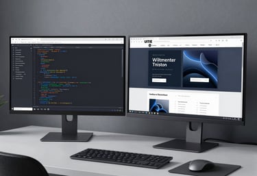 A professional desk setup featuring dual monitors displaying website code and graphic design assets. The style is very clean, utilizing a palette of cool gray and dark slate. The lighting is realistic and soft, typical of a professional UK-based design studio. No faces.
