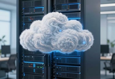 Conceptual image of cloud computing integration showing a bright server cabinet with soft blue and white lighting in a professional office.
