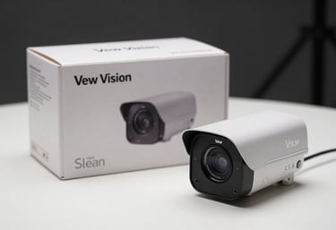 Clean product photography of a Vew Vision branded retail box and CCTV camera on a white surface, professional studio lighting, emphasizing a trustworthy and premium brand feel.