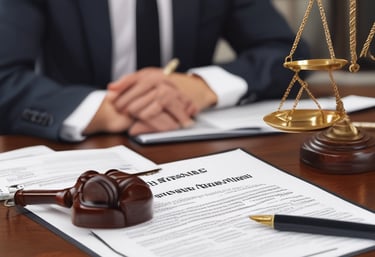 A professional lawyer discussing real estate contracts with clients in a modern office.