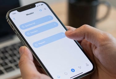 Close-up shot of a hand tapping a high-end mobile phone screen in a North American US office, featuring a clean UI with light blue buttons.