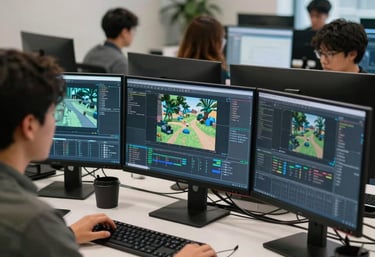 A dynamic shot of a tech team in a North American US office, using high-end monitors showing 3D wireframes of a game level.