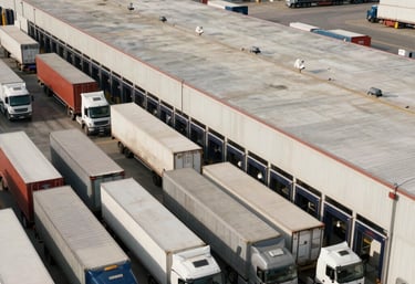 A high-angle architectural photograph of a North American / US logistics hub with trucks at loading docks, capturing a sense of industrial scale and efficiency.