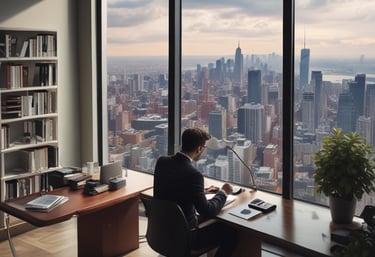 Professional accountant reviewing financial documents in a modern office with blue and gold accents.