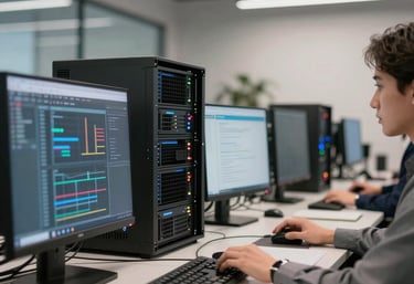 A modern, professional North American office space showcasing advanced computing systems and a focus on efficiency and strategic intelligence.