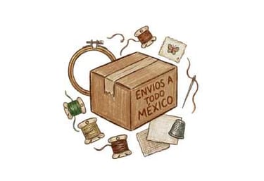 Ilustración de una caja de envío rodeada de herramientas de bordado para su entrega