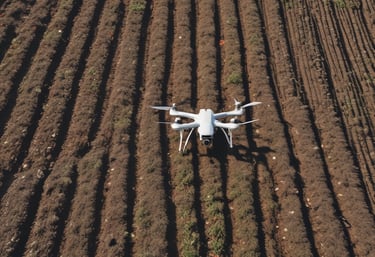 Drone flying low over a vibrant green crop field applying liquid fertilizer with precision.