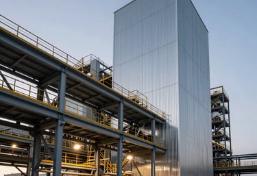 Modern industrial facility with technical lighting reflecting on metal catwalks at dusk. Clean, sharp lines, South American / Brazilian industrial design.
