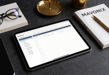 A modern and artistic workspace in Mexico City, showing a digital tablet with life-planning apps, a physical book titled MAVONIX, and elegant golden office accessories.