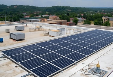 Commercial rooftop solar panel installation on warehouse – 200 kW system with backup generator 